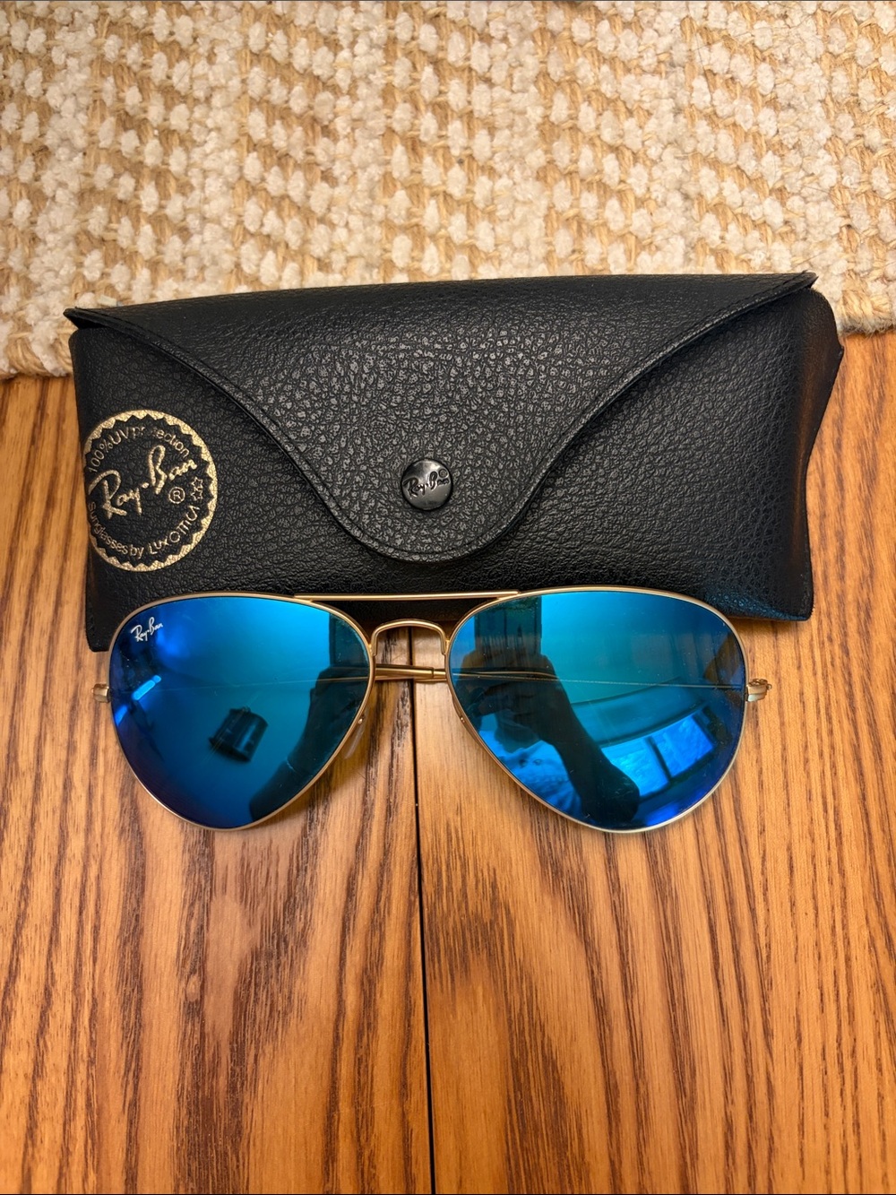 Ray-Ban Gold Frame Sunglasses with Blue Mirrored Lenses